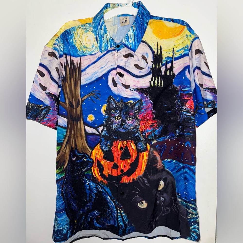 Hardaddy Halloween shirt Men's M Black Cat Jack-o-Lantern Short Sleeve Pocket